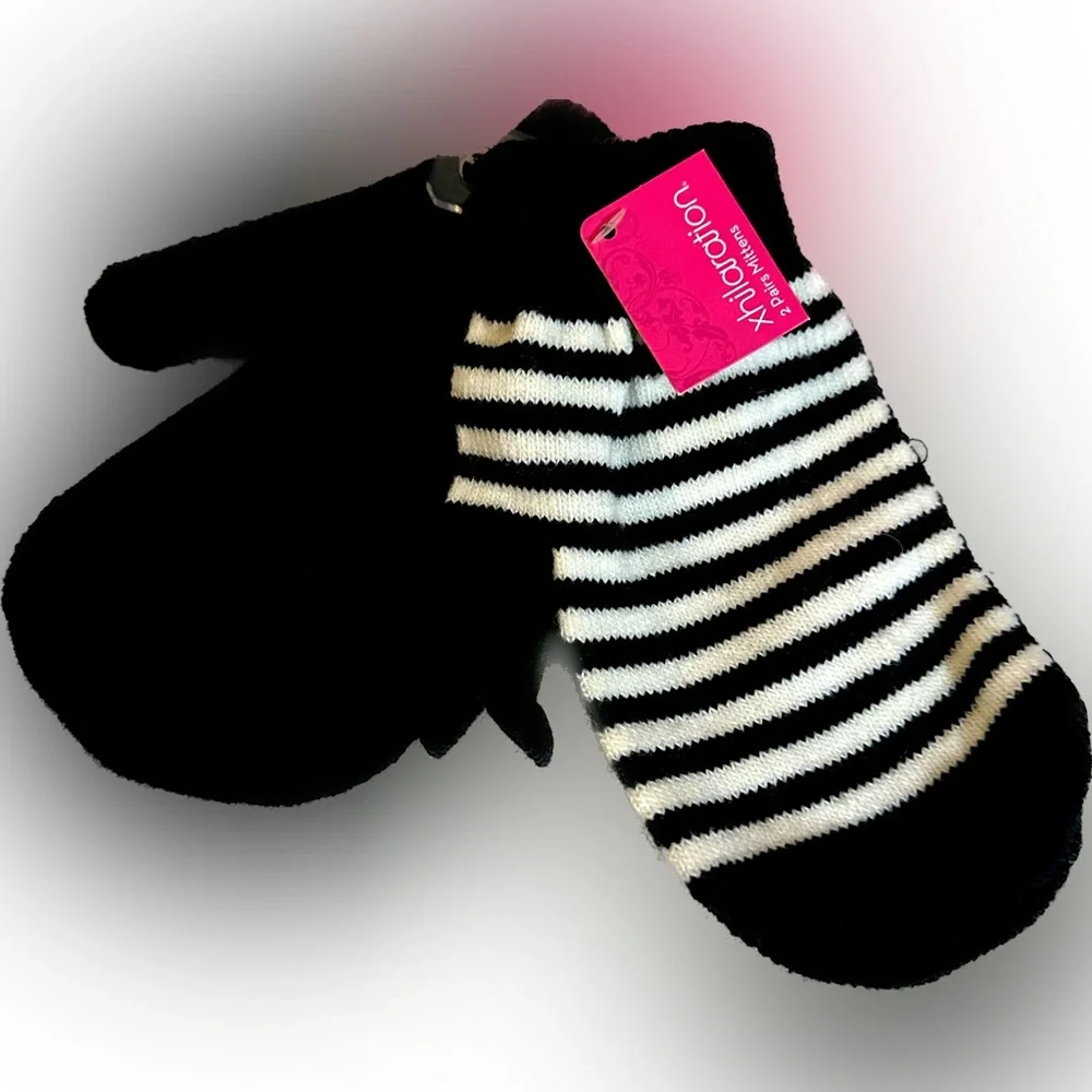 2 PAIR MITTENS XHILARATION BLACK, BLACK & WHITE STRIPE STRETCHY KNIT Winter Warm
